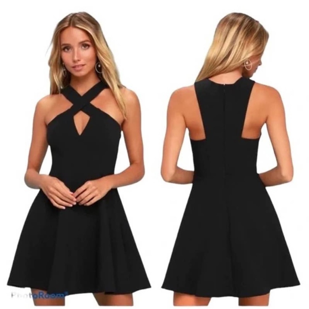Lulus Black Norma Fit & Flare High Neck Dress - Size XS